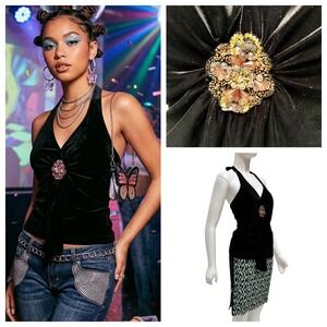 Vintage Y2K Cache Black Velvet Halter Top Beaded Evening Sz S Euphoria Night Out